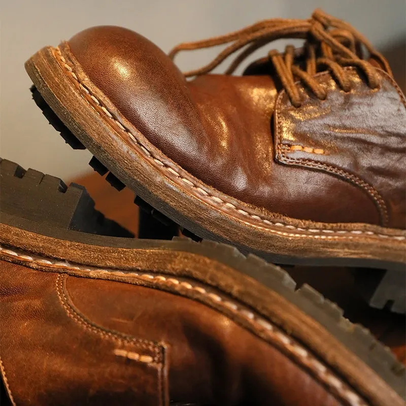 Round Toe Derby Shoes For Women Goodyear Horse Leather Lace Up Oxfords in Coffee/Red Whiddon Cap-toe Oxfords