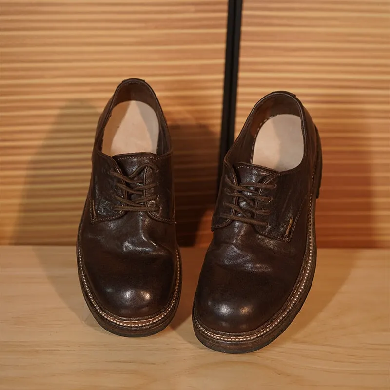 Round Toe Derby Shoes For Women Goodyear Horse Leather Lace Up Oxfords in Coffee/Red South Oxford