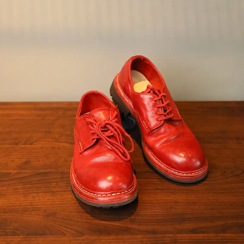 Round Toe Derby Shoes For Women Goodyear Horse Leather Lace Up Oxfords in Coffee/Red Meermin Oxfords