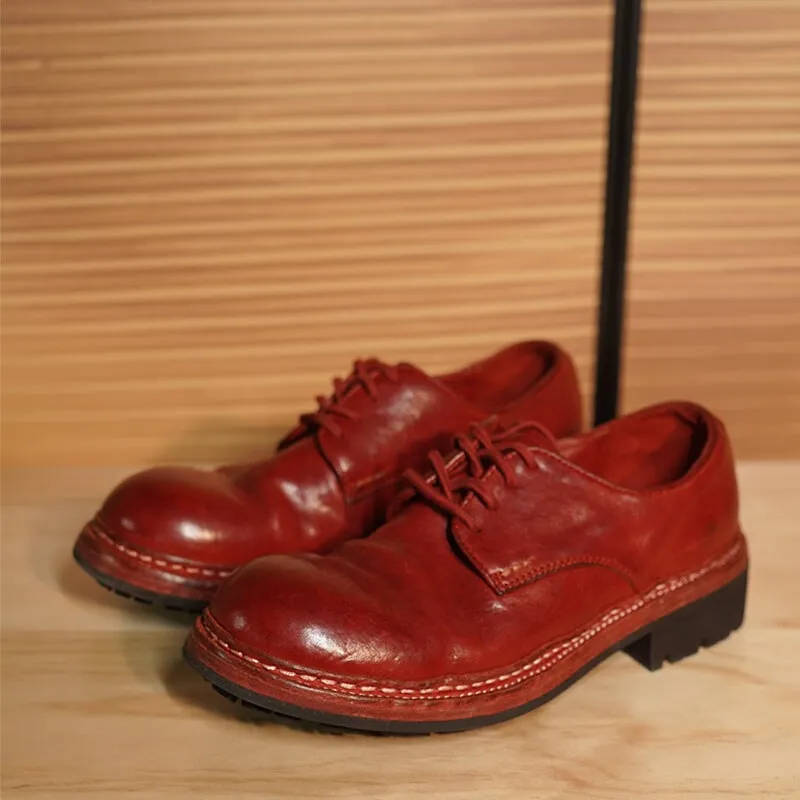 Round Toe Derby Shoes For Women Goodyear Horse Leather Lace Up Oxfords in Coffee/Red Doc Martens Patent Leather Oxfords
