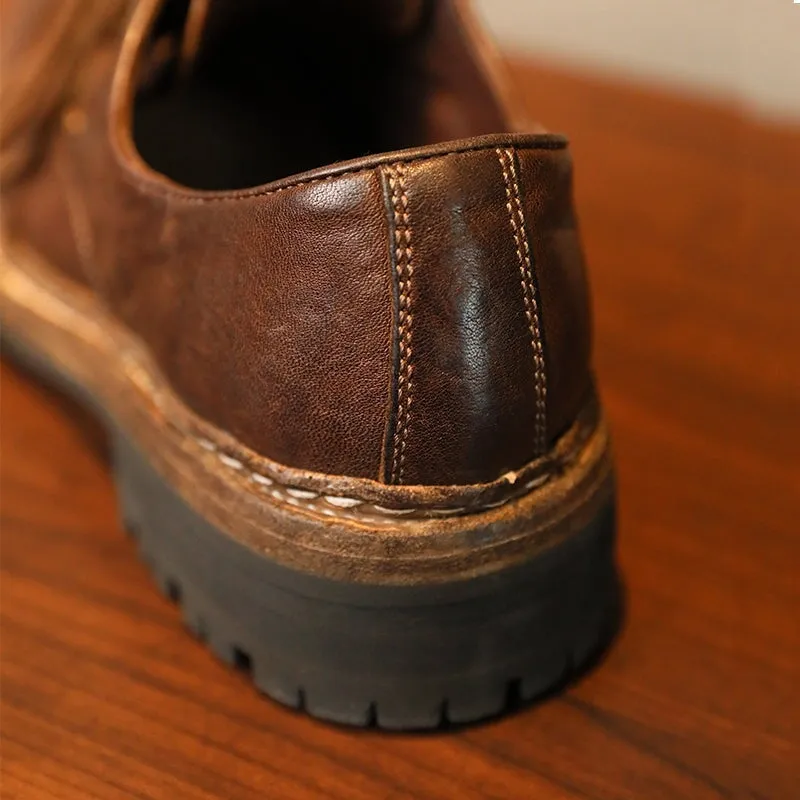 Oxfords Pumps Round Toe Derby Shoes For Women Goodyear Horse Leather Lace Up Oxfords in Coffee/Red