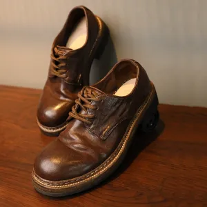 Azure Oxford Square Round Toe Derby Shoes For Women Goodyear Horse Leather Lace Up Oxfords in Coffee/Red