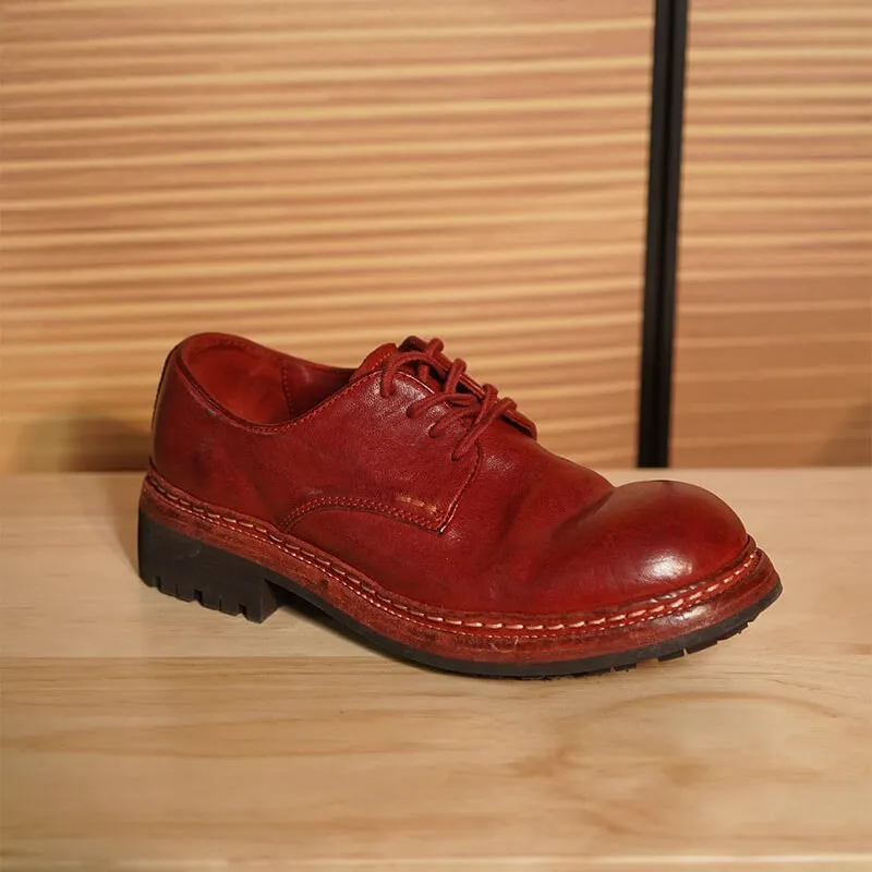 Round Toe Derby Shoes For Women Goodyear Horse Leather Lace Up Oxfords in Coffee/Red Aldo Platform Oxfords