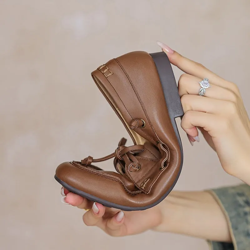 Women Round Toe Boat Shoes Derby Shoes Genuine Leather in Black/Brown/Beige Grand   Plain Toe Oxford