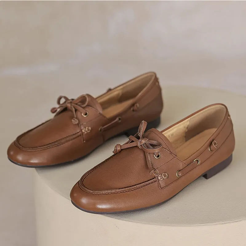 Women Round Toe Boat Shoes Derby Shoes Genuine Leather in Black/Brown/Beige Bass Oxford Shoes