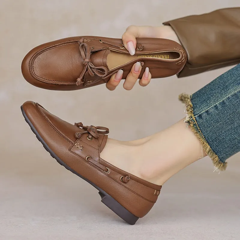 Women Round Toe Boat Shoes Derby Shoes Genuine Leather in Black/Brown/Beige Oxford Style Shoe