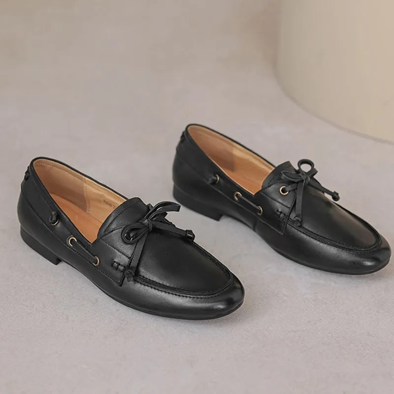 Leather Closed Laced Oxfords Women Round Toe Boat Shoes Derby Shoes Genuine Leather in Black/Brown/Beige