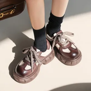 Women Chunky Derby Shoes Leather Contrast Color Round Toe Lace Up Red/Black/Coffee Brown Oxford Leather Shoes