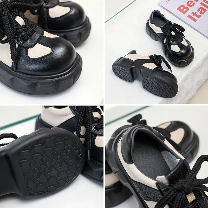 Platform Lace Up Wingtips Square Toe Oxfords Shoe Women Chunky Derby Shoes Leather Contrast Color Round Toe Lace Up Red/Black/Coffee