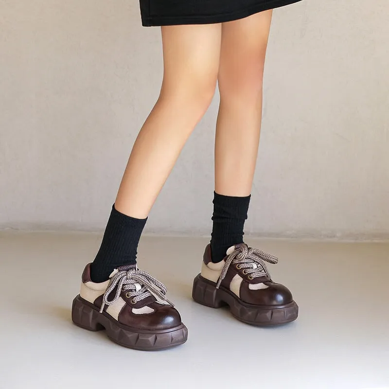 Women Chunky Derby Shoes Leather Contrast Color Round Toe Lace Up Red/Black/Coffee Republic Oxford Shoes