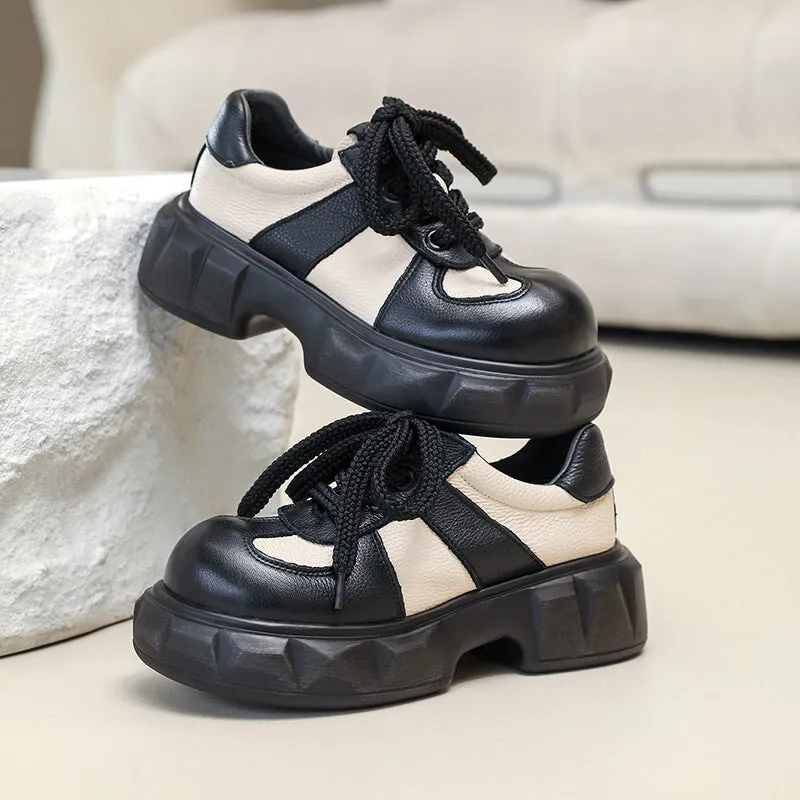 Barefoot Oxford Shoes Women Chunky Derby Shoes Leather Contrast Color Round Toe Lace Up Red/Black/Coffee