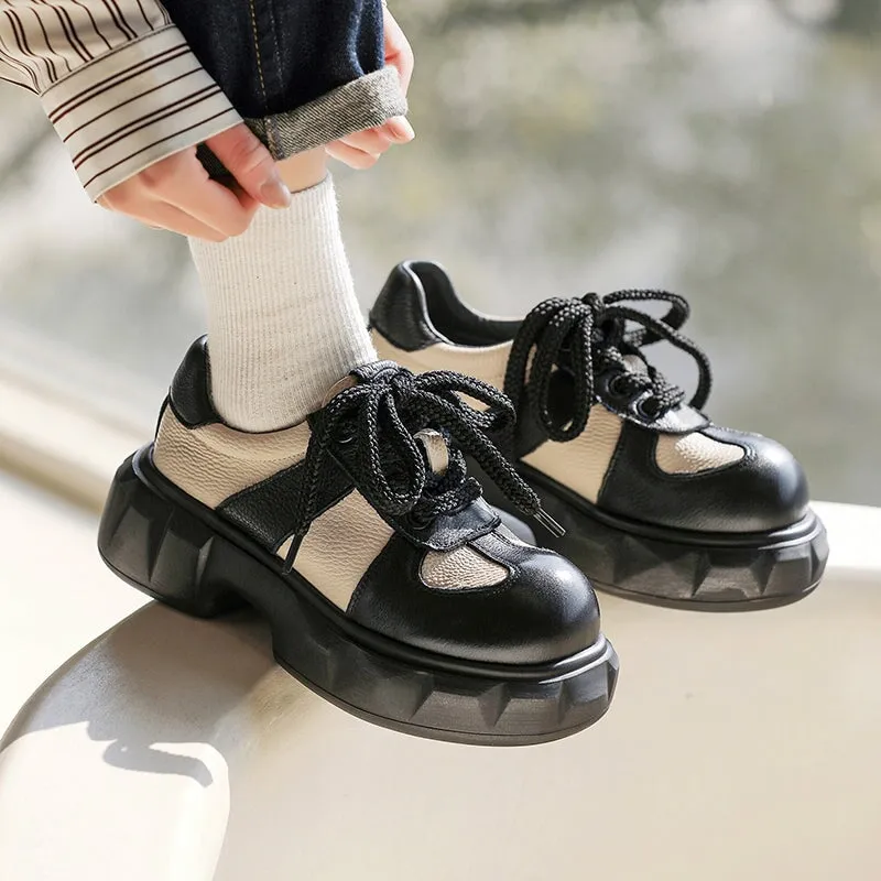 Oxford Saddle Shoes Women Chunky Derby Shoes Leather Contrast Color Round Toe Lace Up Red/Black/Coffee