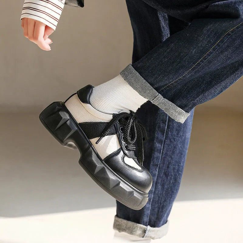 Baby Oxfords Women Chunky Derby Shoes Leather Contrast Color Round Toe Lace Up Red/Black/Coffee