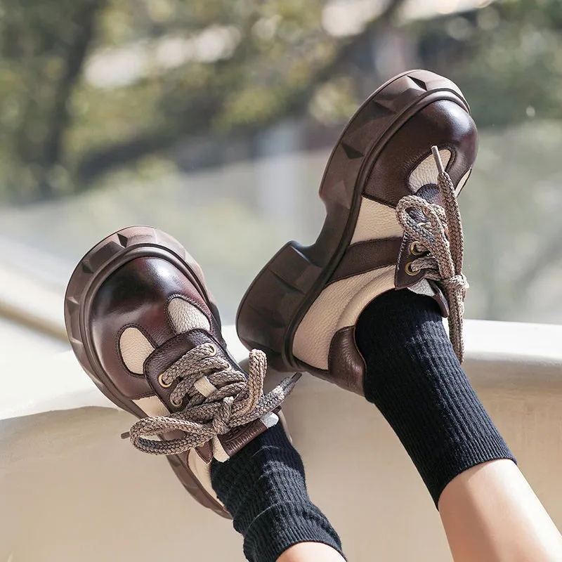 Difference Between Derby And Oxford Women Chunky Derby Shoes Leather Contrast Color Round Toe Lace Up Red/Black/Coffee