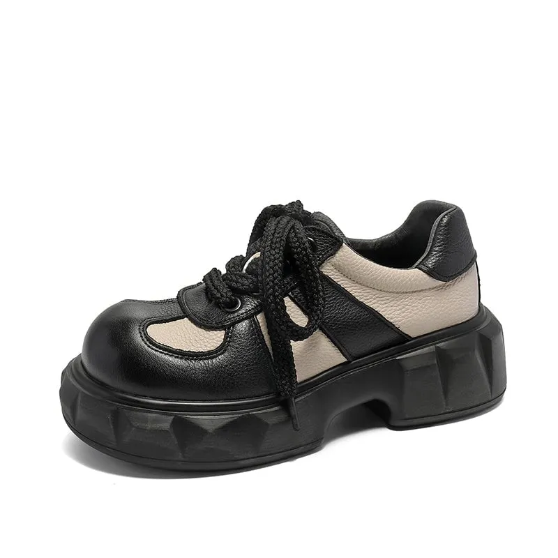 High Heel Oxfords Women Chunky Derby Shoes Leather Contrast Color Round Toe Lace Up Red/Black/Coffee