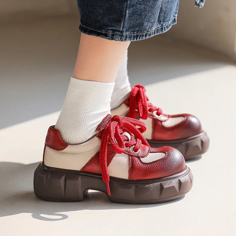Women Chunky Derby Shoes Leather Contrast Color Round Toe Lace Up Red/Black/Coffee Grandflex Dress Laser Oxfords