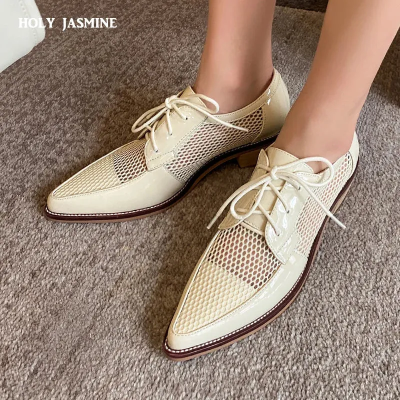 Long Sleeve Oxford Shirts Mesh Net Cloth Oxfords Women's Shoes Lace-Up Ladies Flat Derby Genuine Leather Shoes Pointed Toe Lace-up Low Heels