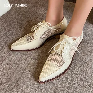 Wholecut Oxford Shoes Mesh Net Cloth Oxfords Women's Shoes Lace-Up Ladies Flat Derby Genuine Leather Shoes Pointed Toe Lace-up Low Heels