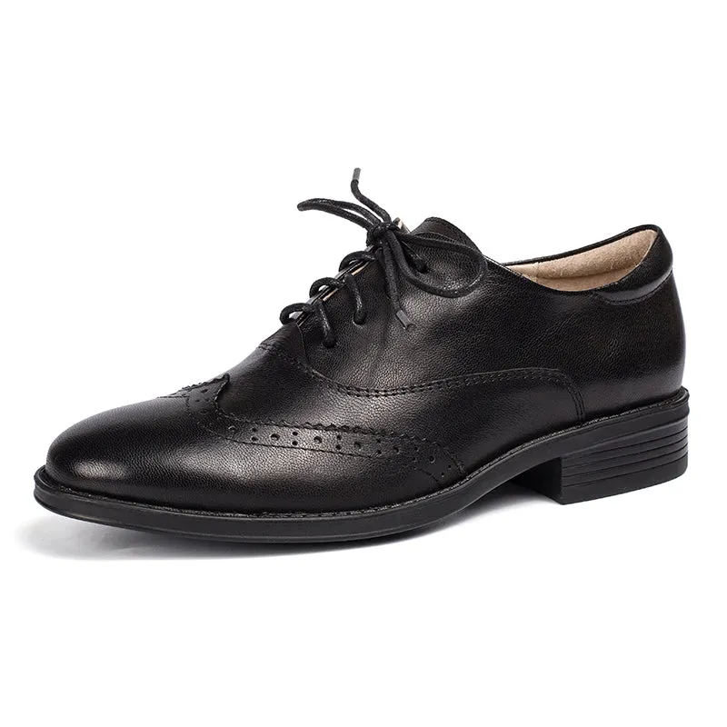 Soge Oxford Women Wingtip Shoes Handmade Sheepskin Brogues/Oxfords Low Heel Elegant Coffee/Black (better suited for thin feet)