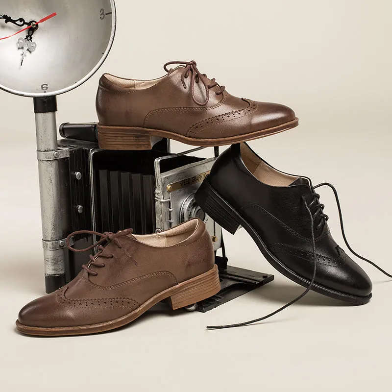 Women Wingtip Shoes Handmade Sheepskin Brogues/Oxfords Low Heel Elegant Coffee/Black (better suited for thin feet) Oxford Dress Boots