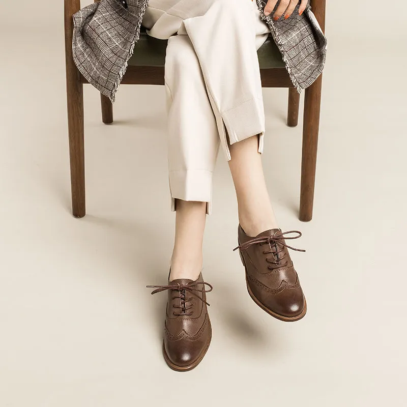 Tan And White Oxfords Women Wingtip Shoes Handmade Sheepskin Brogues/Oxfords Low Heel Elegant Coffee/Black (better suited for thin feet)