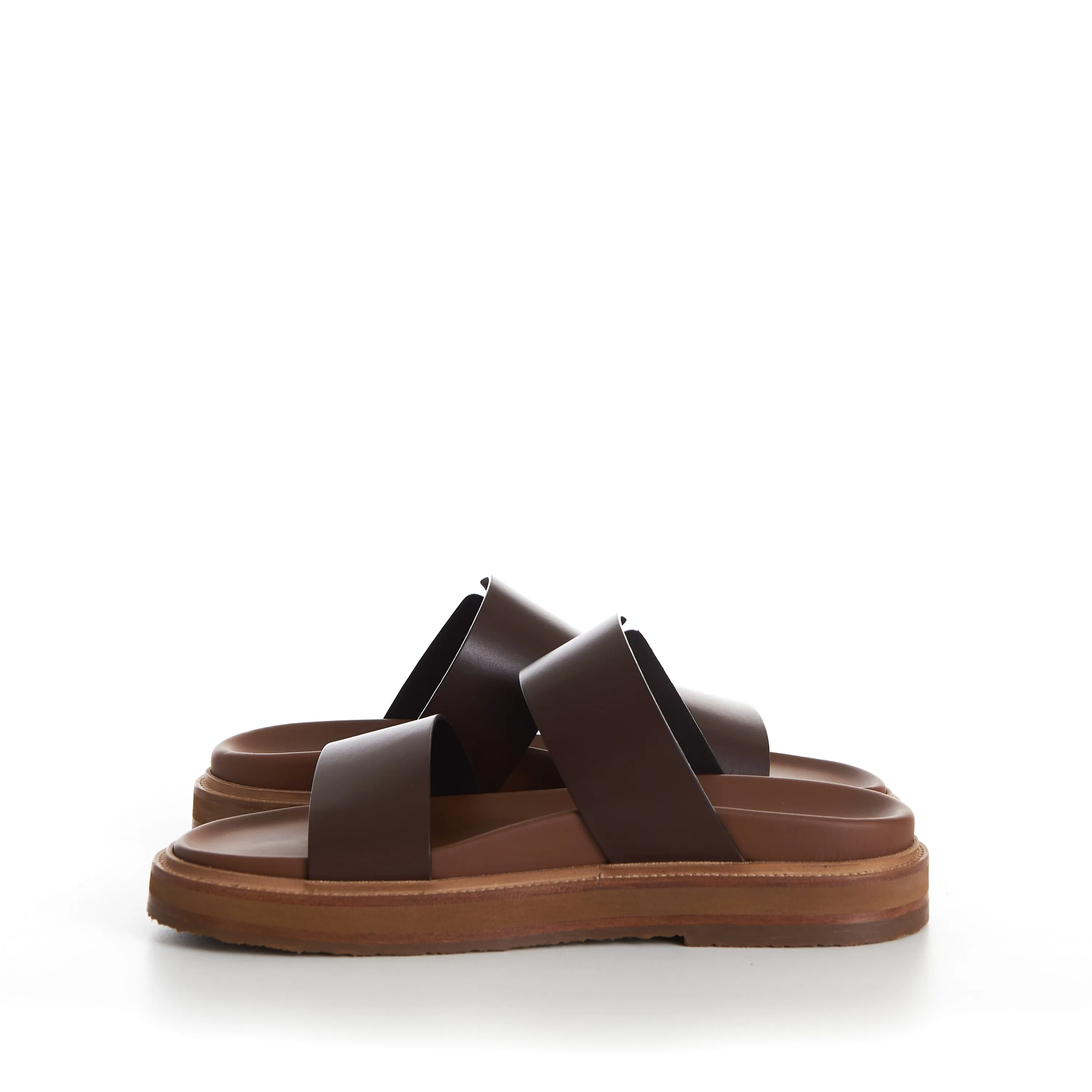 TIPPI Slide Sandals - Brown Leather, Western Buckle Denim Platform Sandals