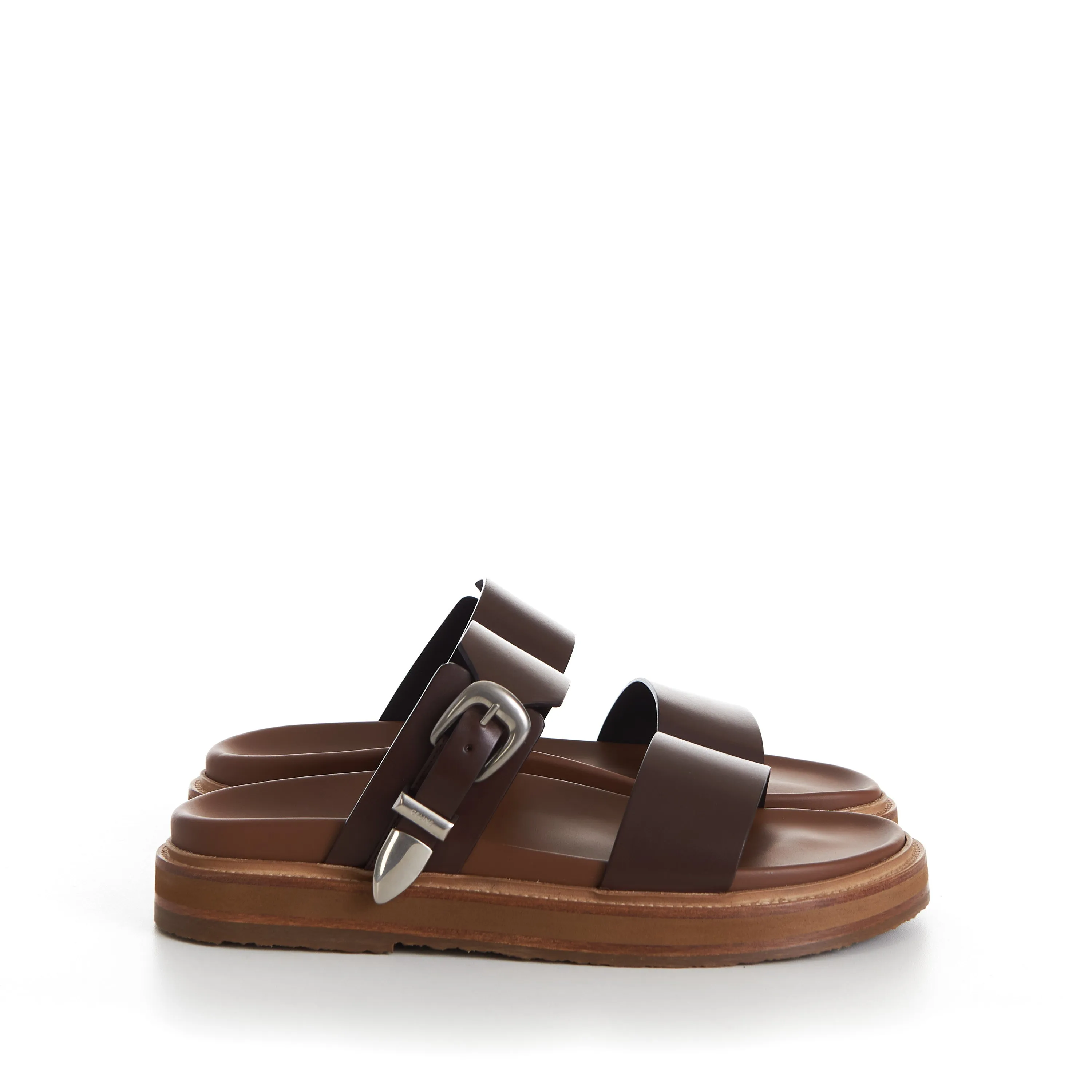 TIPPI Slide Sandals - Brown Leather, Western Buckle Monolith Sandals