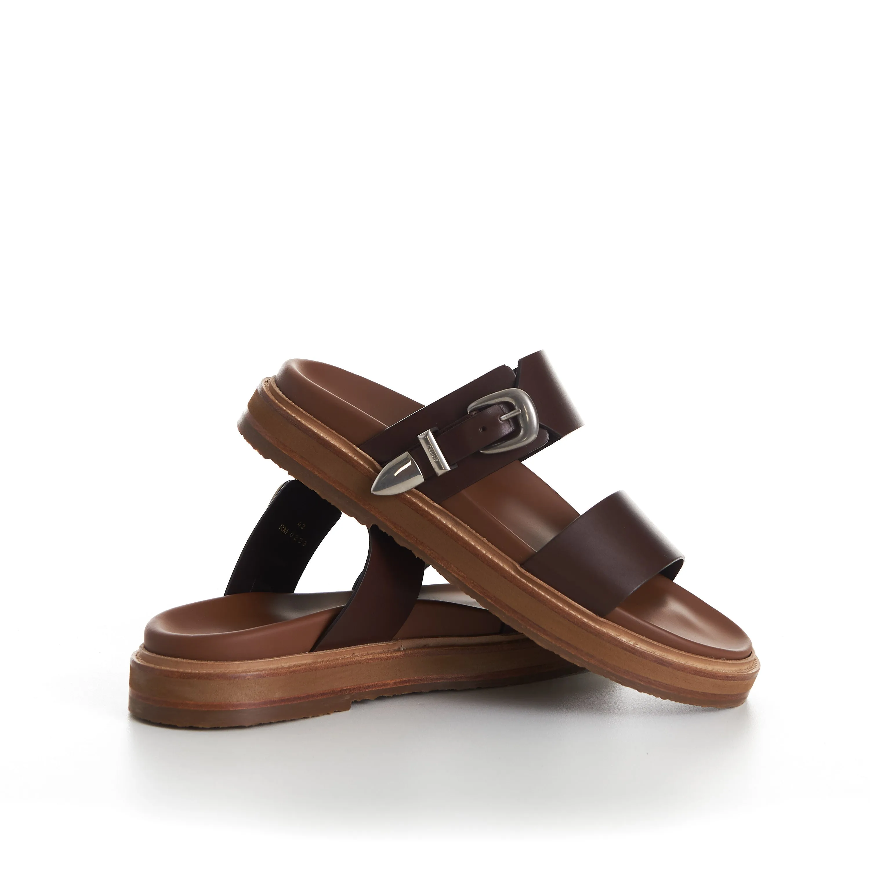TIPPI Slide Sandals - Brown Leather, Western Buckle Sparkly Flat Sandals