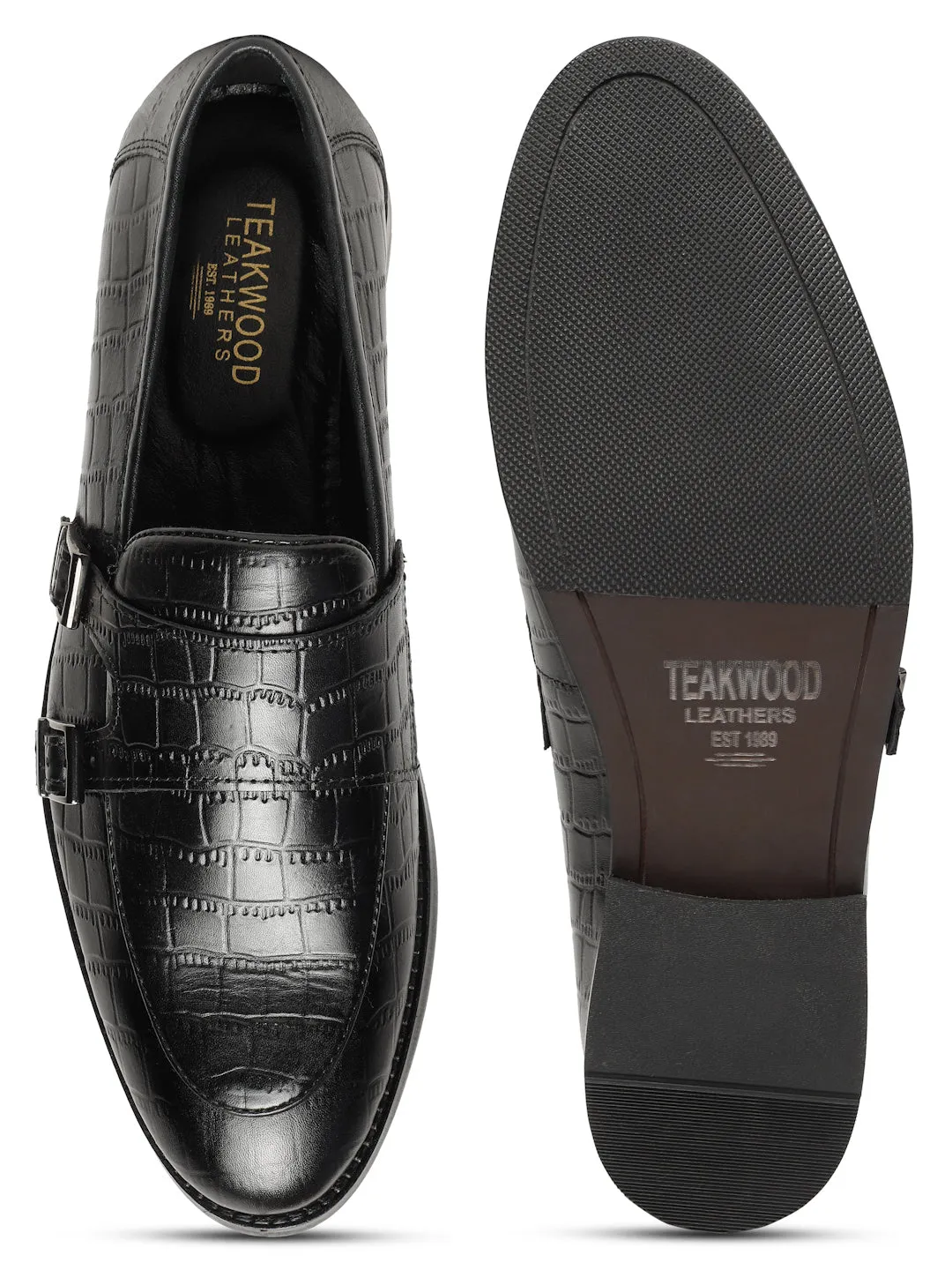 Loafers Chicago Men's Black Texture Leather Monk Strap Loafers