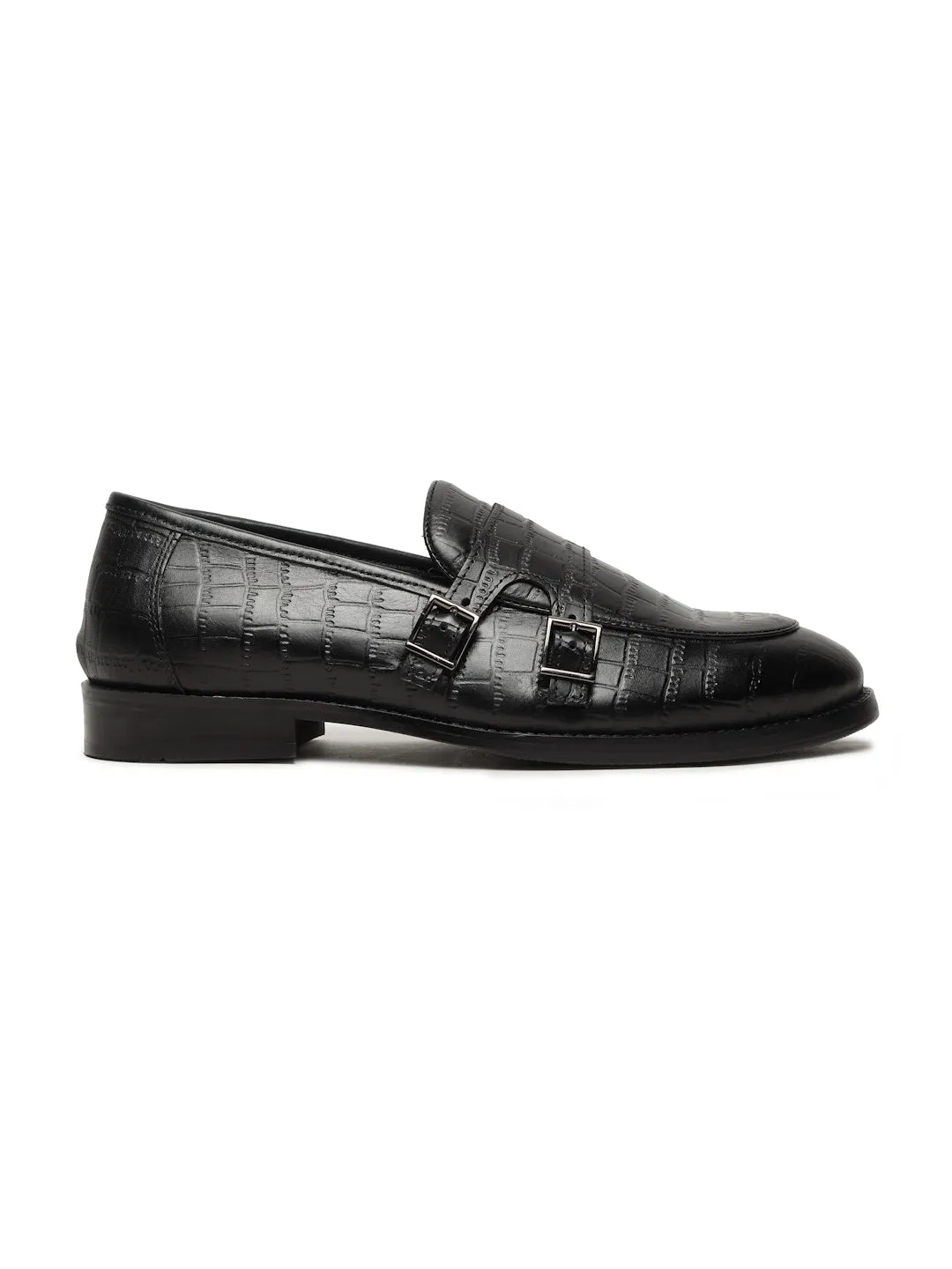 Men's Black Texture Leather Monk Strap Loafers Loafers No Socks