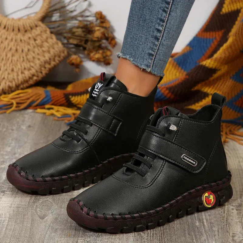 City Loafers Sneakers Women Shoes Platform Loafers Lace Up Leather Flat Slip On New Spring Casual Mom Shoes Hand Stitched Winter Bare Boots