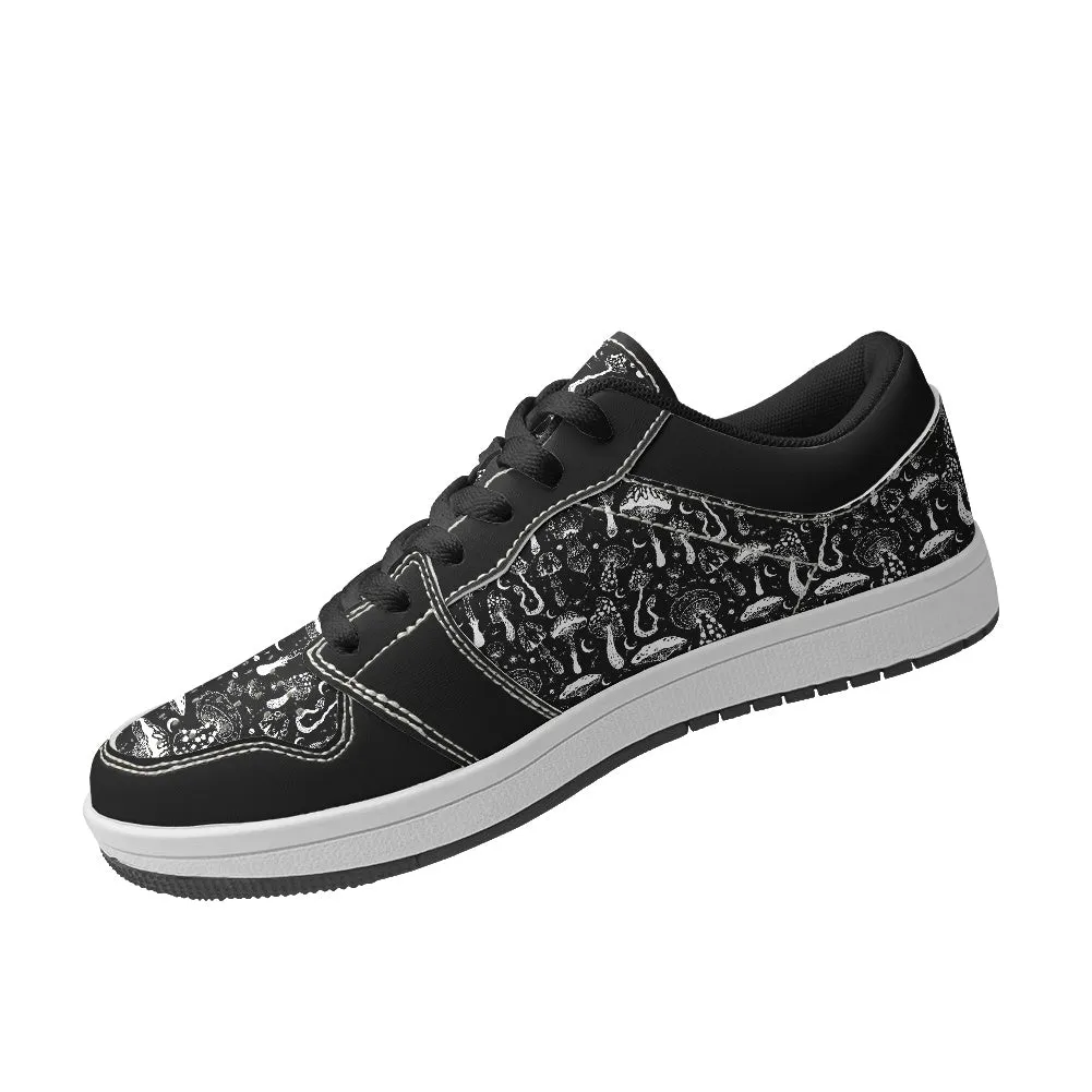 Black White Mushrooms Women's Low Top Leather Sneakers Slacks With Sneakers