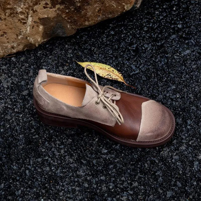 Best Oxford Shoes Store In Tokyo Soft Cow Leather Round Toe Flat Lace Up Oxfords for Women in Black/Brown