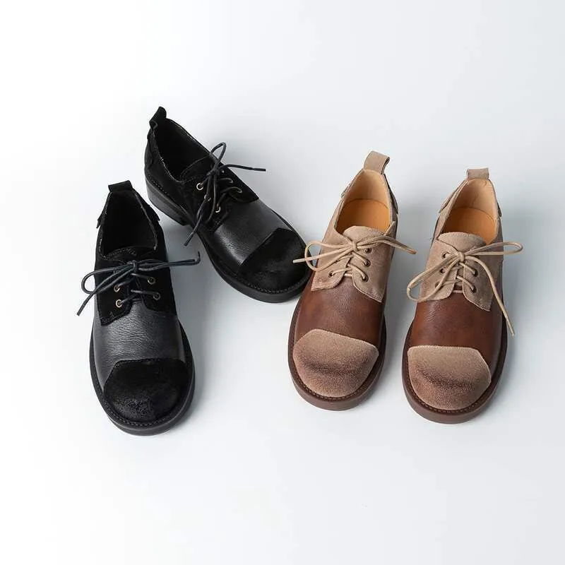 Define Oxford Shoes Soft Cow Leather Round Toe Flat Lace Up Oxfords for Women in Black/Brown