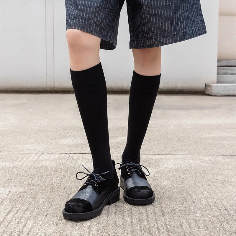 Soft Cow Leather Round Toe Flat Lace Up Oxfords for Women in Black/Brown Quad Patent Platform Oxfords