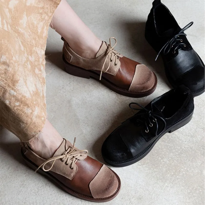 Dunbar Wingtip Oxford Soft Cow Leather Round Toe Flat Lace Up Oxfords for Women in Black/Brown