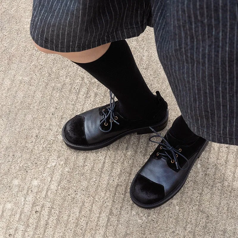 Soft Cow Leather Round Toe Flat Lace Up Oxfords for Women in Black/Brown Ralph Lauren Short Sleeve Oxford Shirt