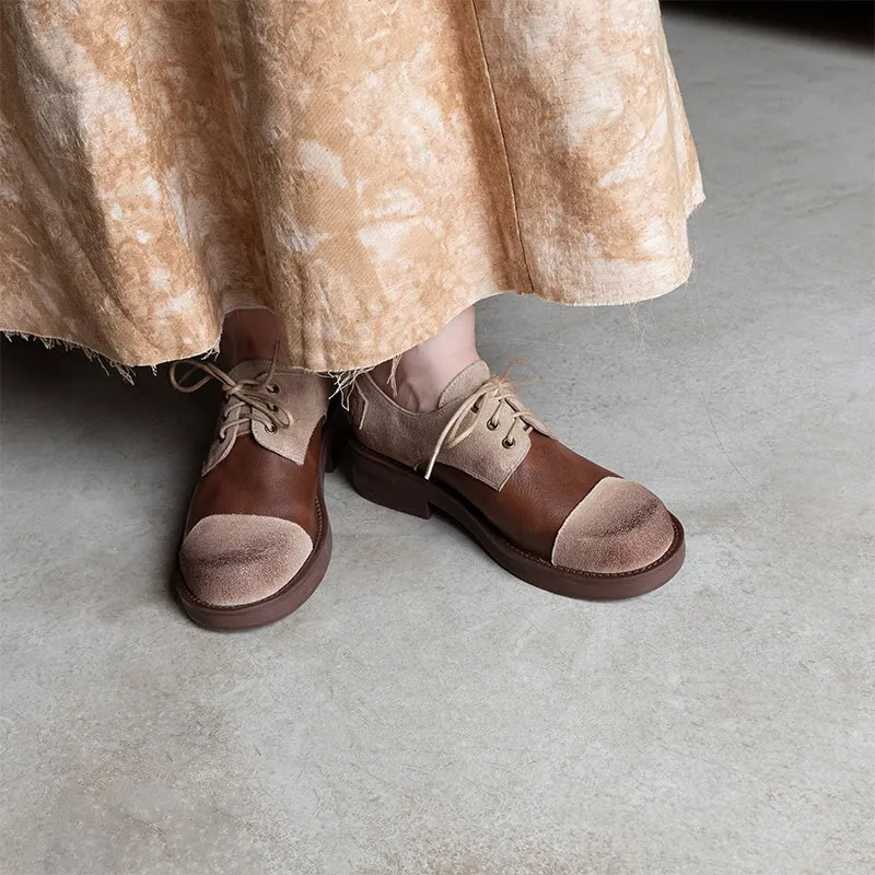 Oxfords Shoes Outfit Soft Cow Leather Round Toe Flat Lace Up Oxfords for Women in Black/Brown