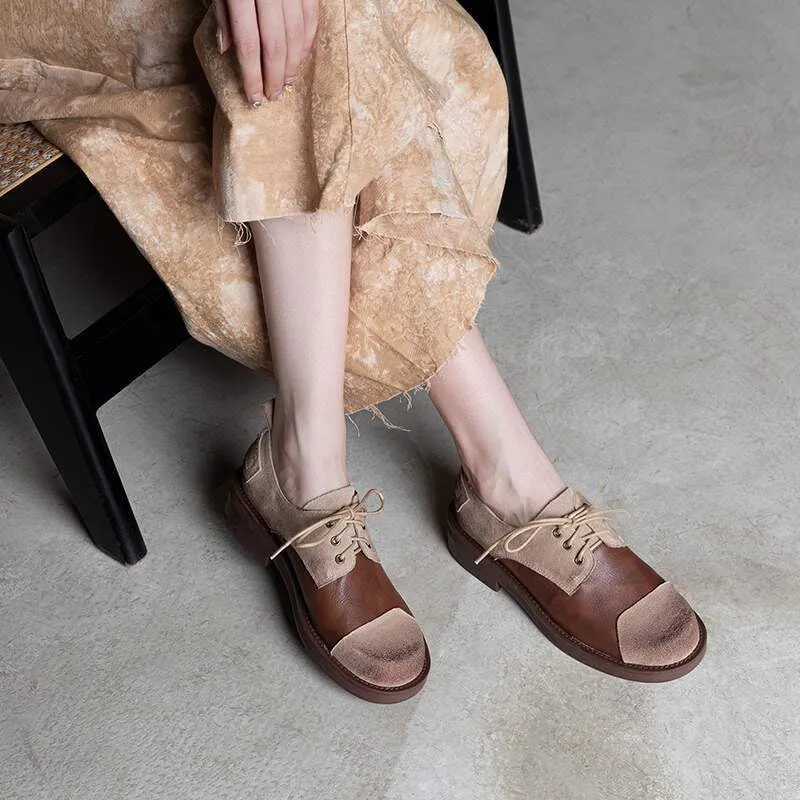 Soft Cow Leather Round Toe Flat Lace Up Oxfords for Women in Black/Brown Parkway Leather Oxfords