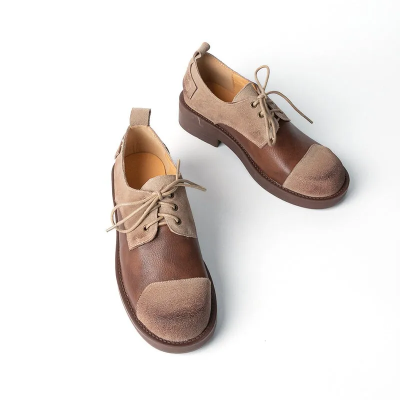 Polished Leather Oxfords Soft Cow Leather Round Toe Flat Lace Up Oxfords for Women in Black/Brown