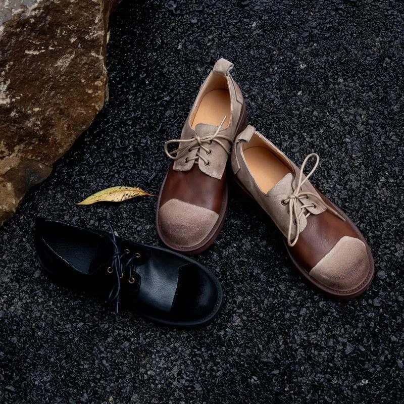 And Oxfords Outfits Soft Cow Leather Round Toe Flat Lace Up Oxfords for Women in Black/Brown