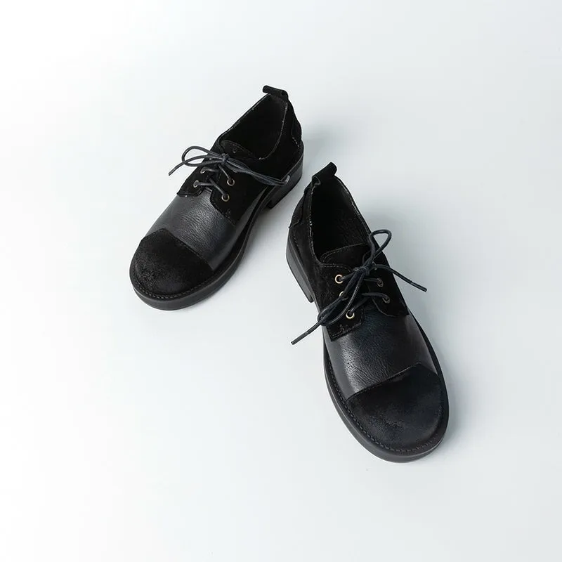Soft Cow Leather Round Toe Flat Lace Up Oxfords for Women in Black/Brown Oxfords With Suit