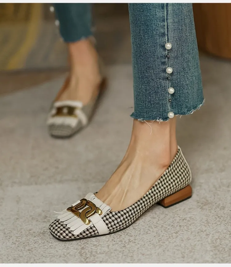 vintage plaid tassel low heel loafers Leather Moccasin Loafers