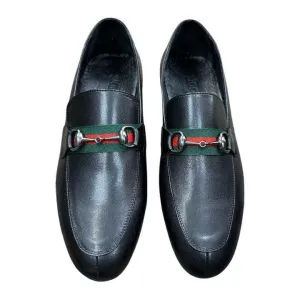Loafers And Moccasins Black Men's Gigotto uomo Loafers Slip-on Dress Shoes Sliver Buckle Green and Red Stripes Style No:6525