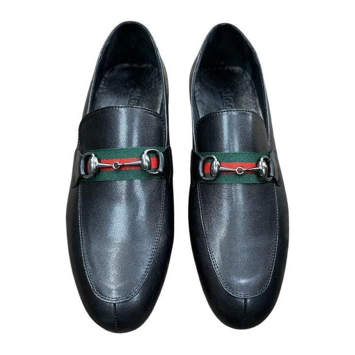 Polo Club Loafers Black Men's Gigotto uomo Loafers Slip-on Dress Shoes Sliver Buckle Green and Red Stripes Style No:6525
