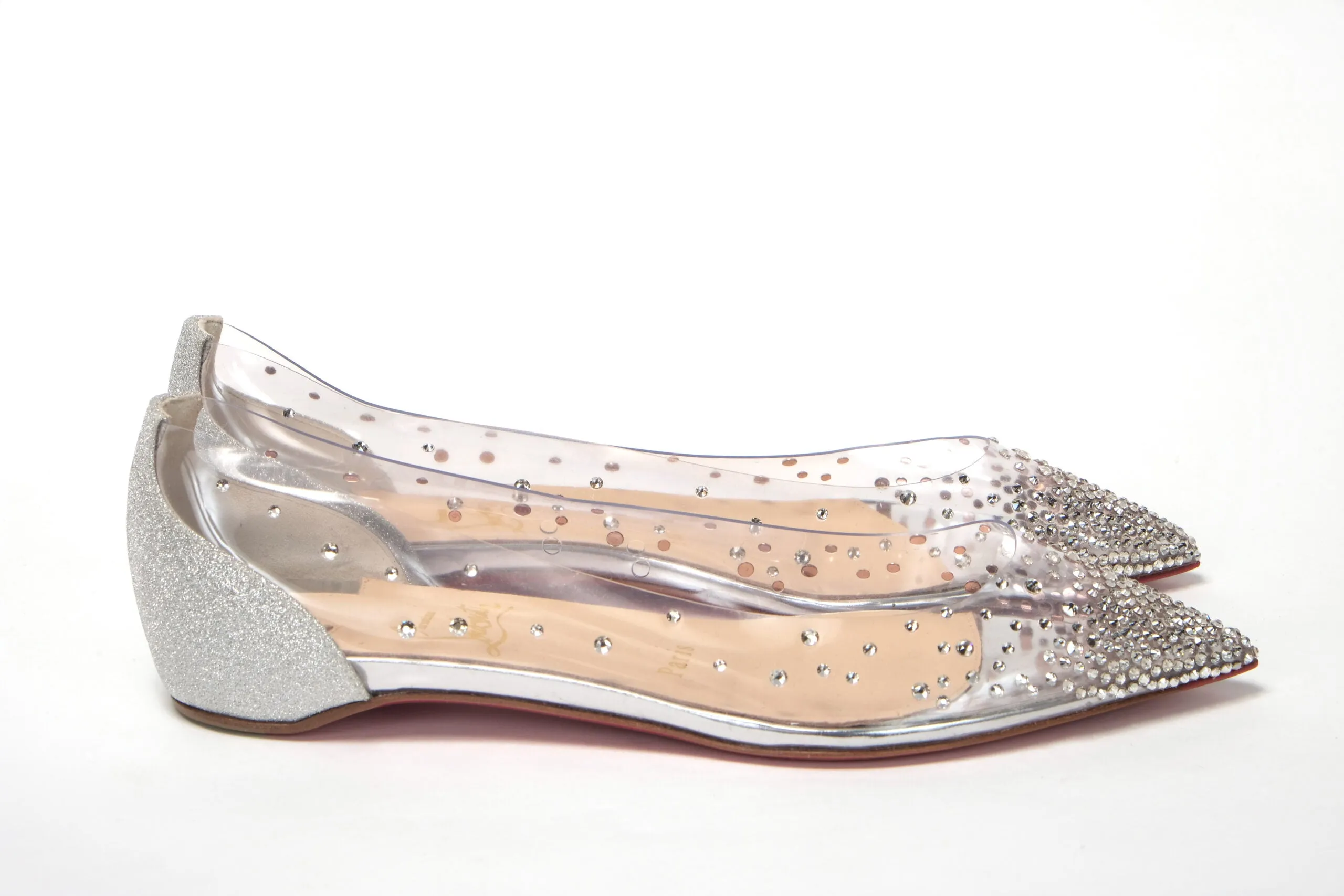Flat Shoes Online Christian Louboutin Silver Crystals Flat Point Toe Shoe
