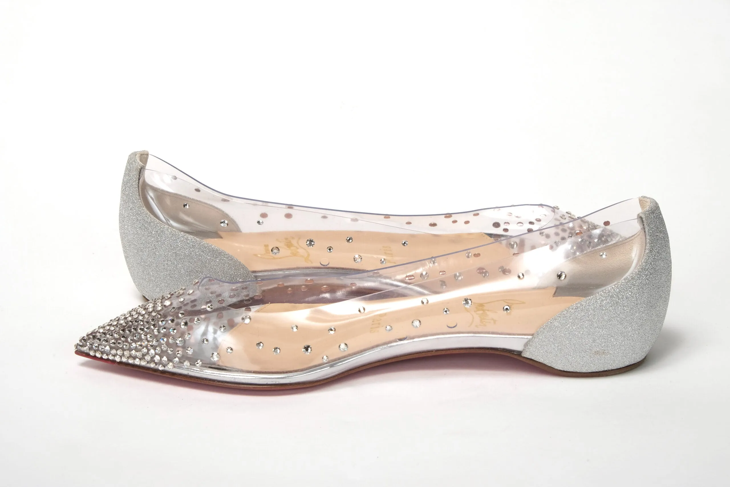 Christian Louboutin Silver Crystals Flat Point Toe Shoe Flat Barefoot Shoes