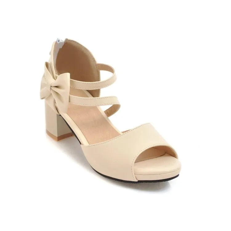 Sandals With Chunky Heels Women's Solid Color Ankle Strap Butterfly Knot Block Heel Sandals