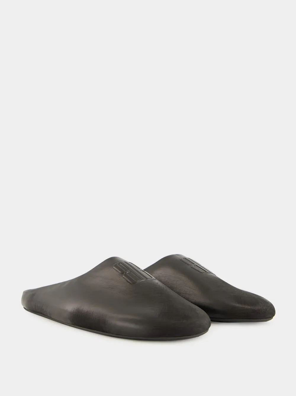 Brown Platform Slippers Chteau Flat Mule in Black Calfskin