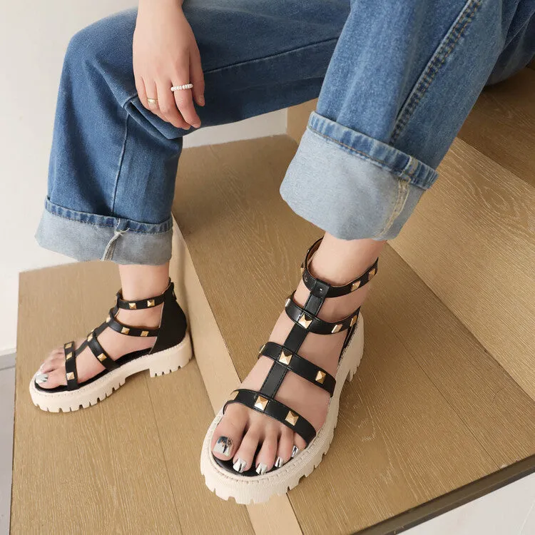 Leather Sandals With Straps Women's Rivets Platform Low Heels Sandals